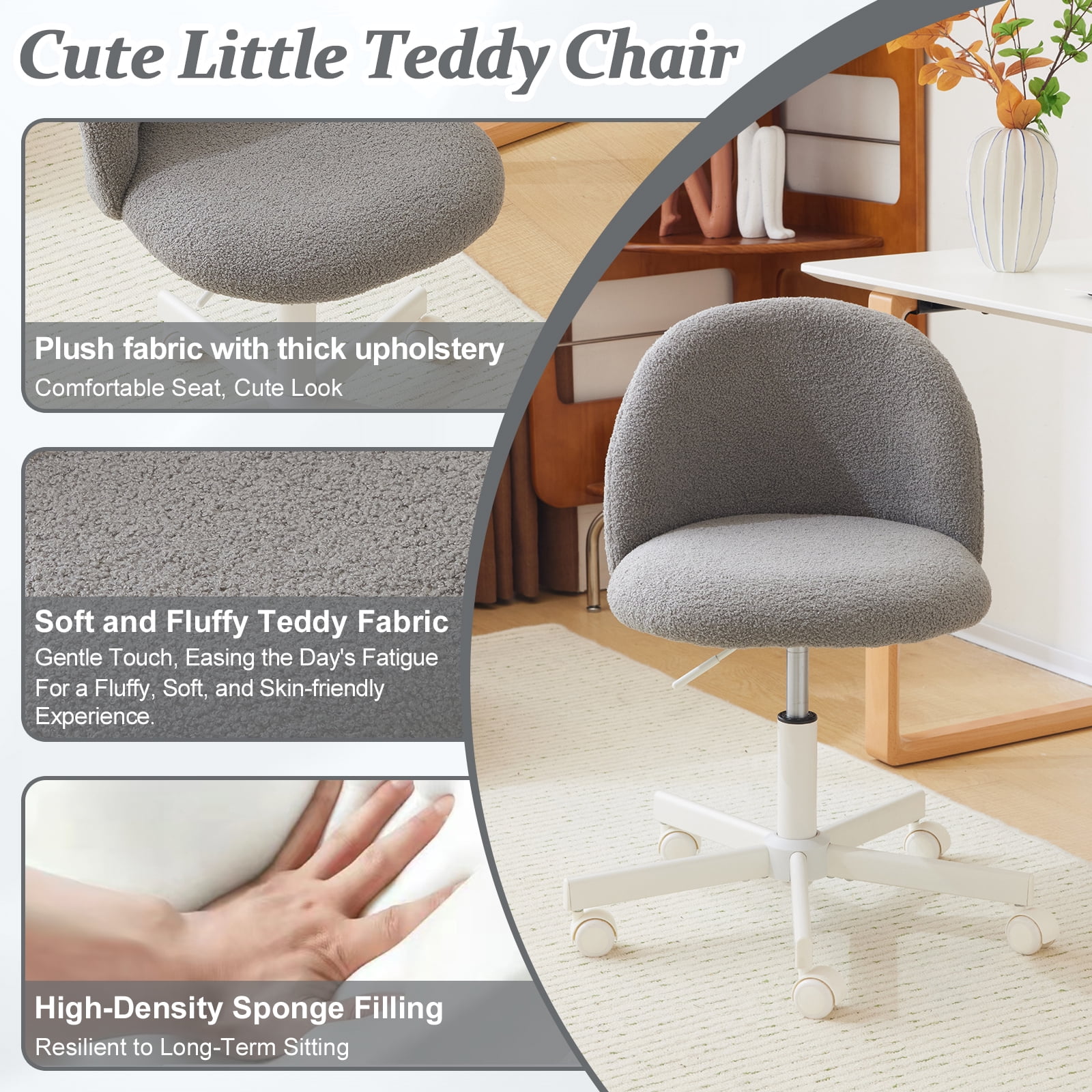 Ktaxon Armless Home Office Desk Chair Cute Mid Back Vanity Stool Teddy Velvet Swivel Task Chairs with Wheels Gray