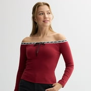 Juniors madden girl Long Sleeve Off The Shoulder Top with Contrast Lace Trim Color: Deep Red Size: MEDIUM