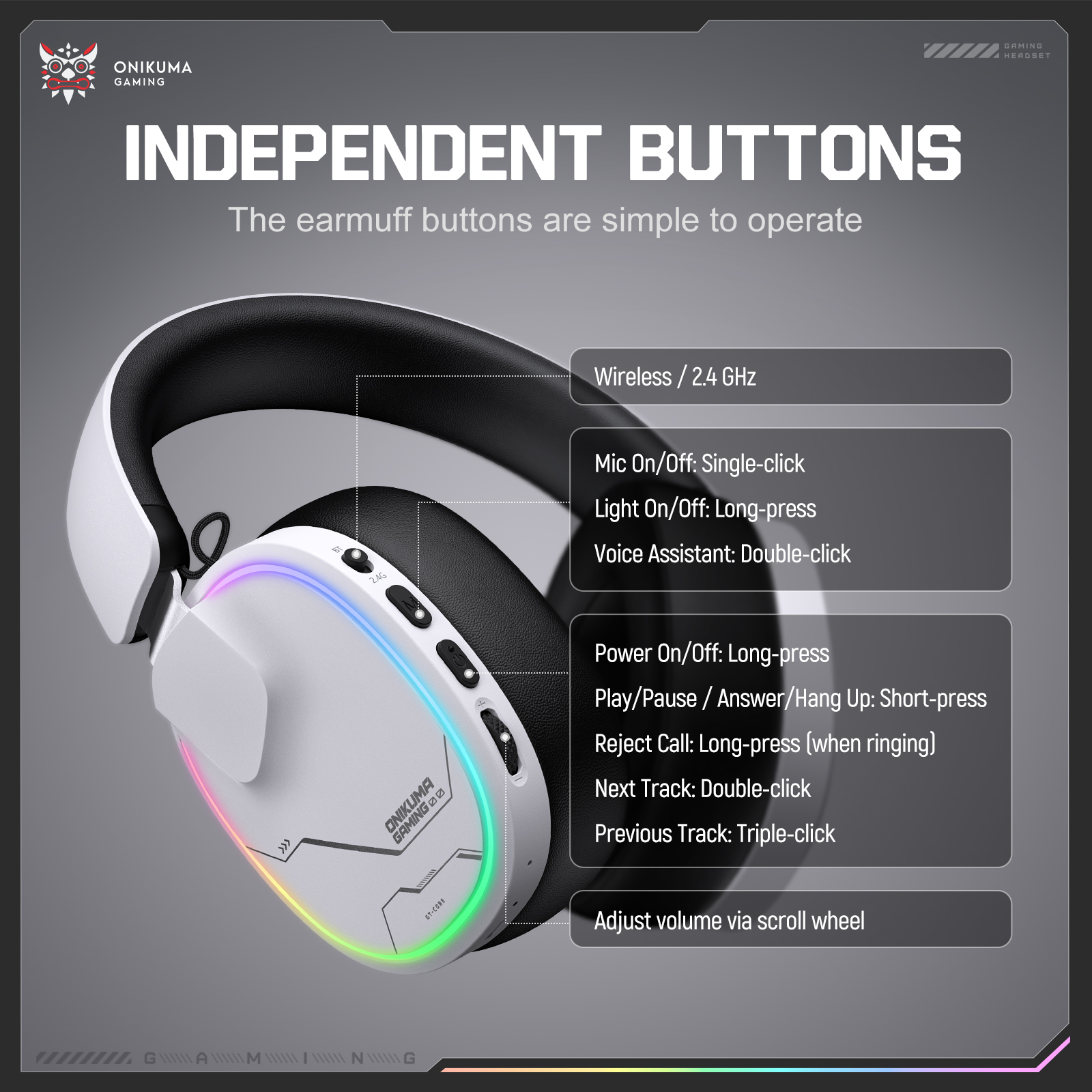 Onikuma Tri-Mode Wireless Gaming Headset, 60Hr Battery photo 4