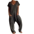 thumbnail image 3 of lcziwo Summer Jumpsuits for Women Casual Short Sleeve Beach Rompers Loose Fit V Neck Overalls Oversized One Piece Junper Pants with Pockets Womens Sweaters Clearance, 3 of 7