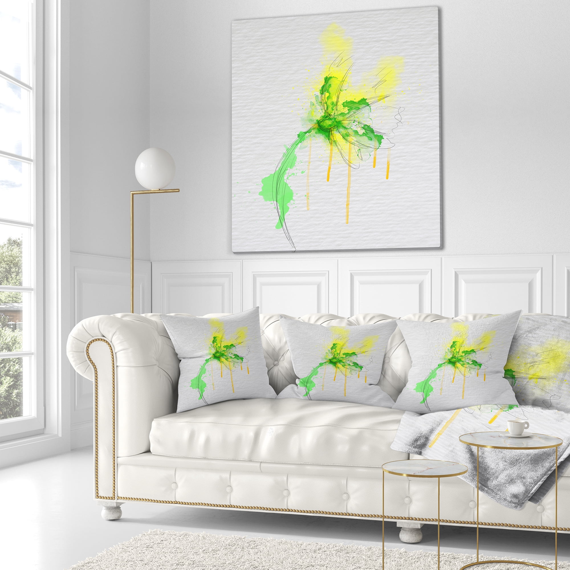 Designart Beautiful Yellow Green Flower Sketch - Floral Throw Pillow - 16x16