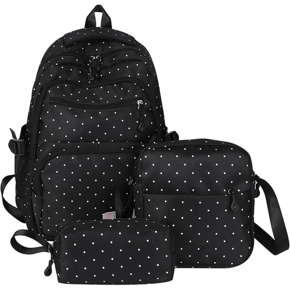 Clearance!Polka Dot Backpack Set 3Pcs Cute Daypack Kawaii Nylon Backpacks for Travel Daily Use Black