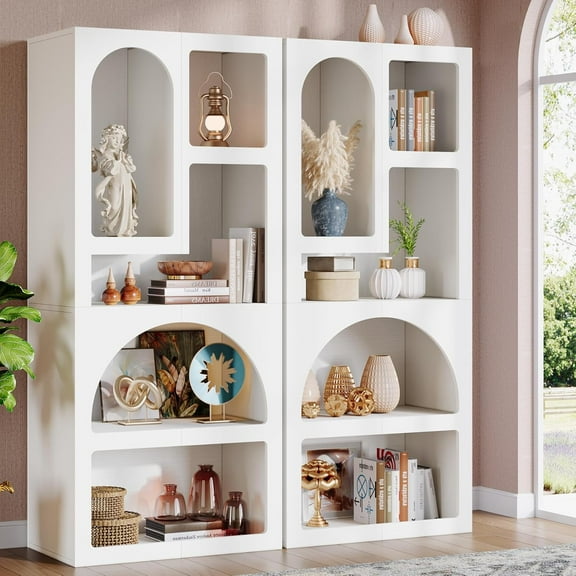 Finmind 70" Arched Bookshelf Set of 2: Geometric White Bookcase with 5 Irregular Shelves