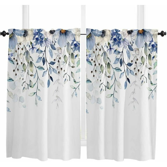Elegant Tulip Kitchen Curtain 2 Panels Curtains 54 Inch Length, Curtains Rod Pocket Curtains Window Drapes Treatment Window Cafe Curtains Modern Simple White Eucalyptus Blue Flower 42x54