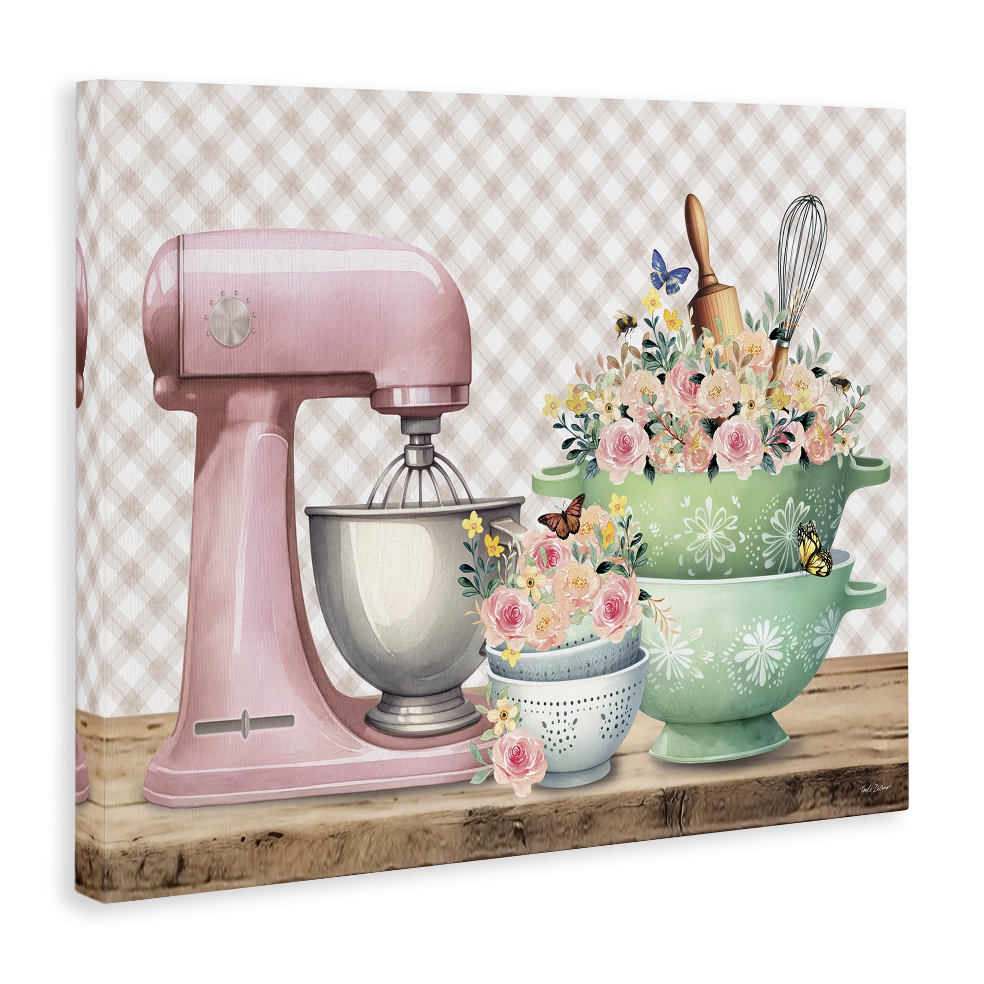 Stupell Industries Floral Gingham Kitchen Food & Beverage Painting Wrapped Canvas Art Print Wall Art, 20 x 16