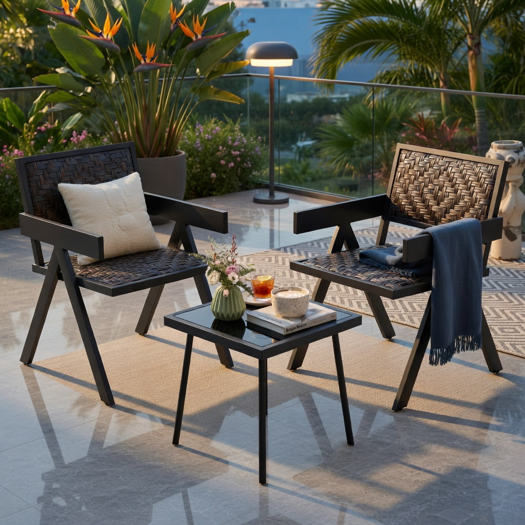 Hommoo 3-Piece Outdoor PE Wicker Bistro Set, 2 Armchairs + Coffee Table with Quick-Dry Foam Cushions, Fade-Resistant Brown Wicker & Tempered Glass Top, Brown