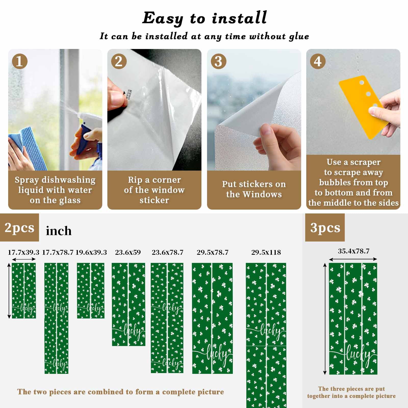 Lucky Shamrock, Window Privacy Film, St. Patrick's Day Irish Clover Green Static Cling UV Sun Blocking Tint Film Heat Control Windows Films for Bedroom Bathroom, Window Stickers 23.6"x59"