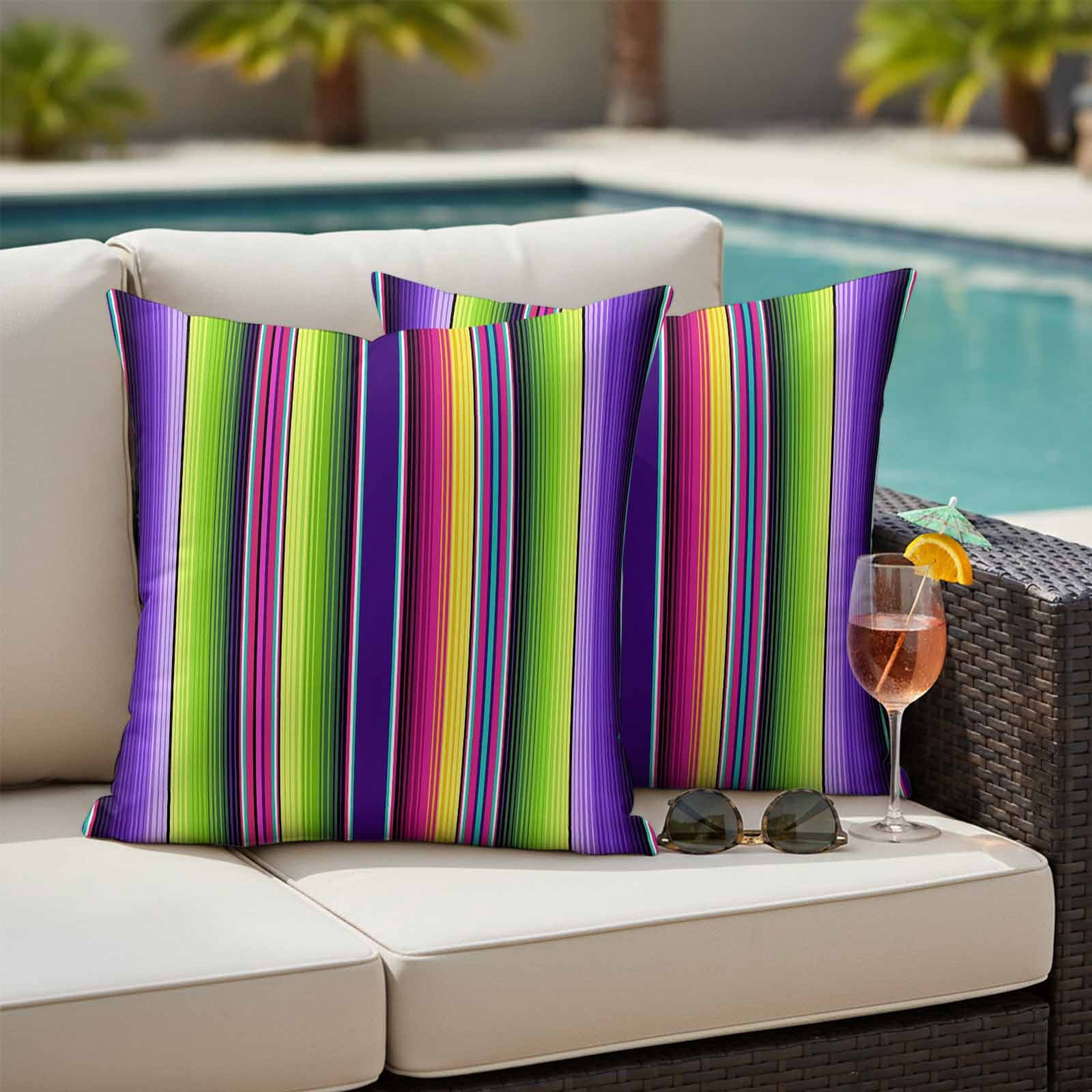 Mexican Style Outdoor Waterproof Throw Pillow Covers 20x20 Set of 2, Colorful Mexico Stripes Purple Green Decorative Pillowcases Cushion Pillowcase for Couch Sofa Patio Outside Pillow Protector