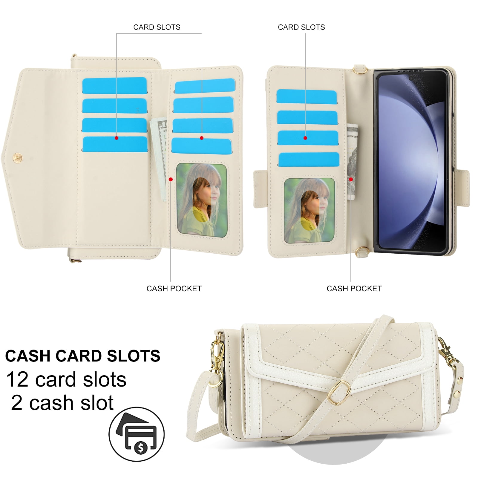 for Samsung Galaxy Z Fold 4 Case Wallet with S Pen Holder for Women, 12 Card Holder & 2 Cash Pocket & Shoulder Strap & Wristlet Flip Stand PU Leather Phone Case with RFID Blocking, Beige