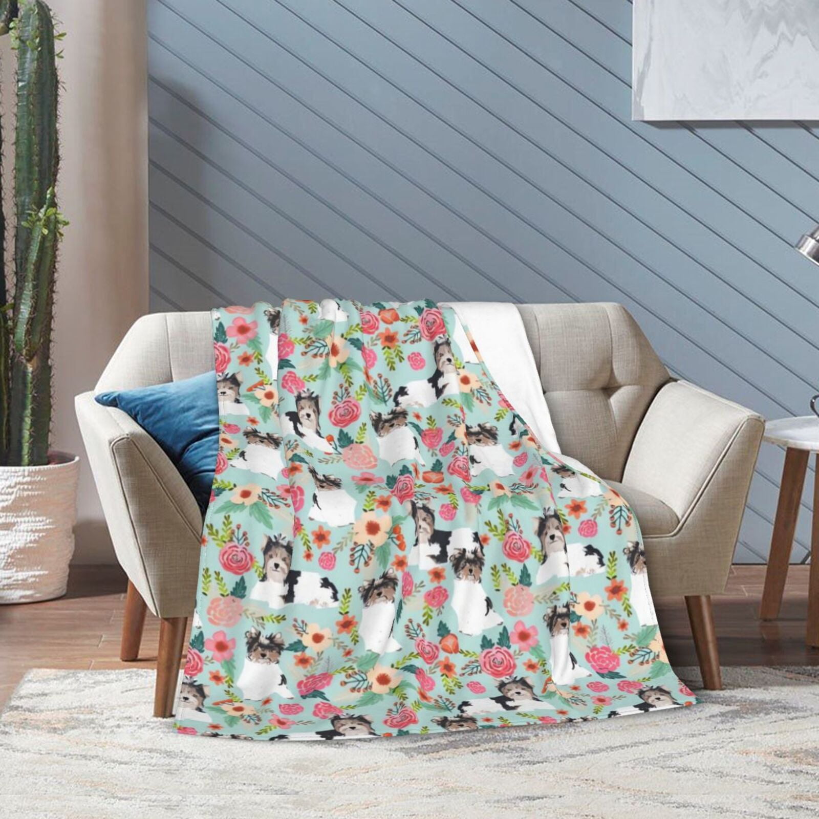 Wijzvio Biewer Terrier Dogs Flower Floral Throw Blanket Soft Fuzzy Fleece Blanket For Couch Bed Living Room Decoration 50"X40"
