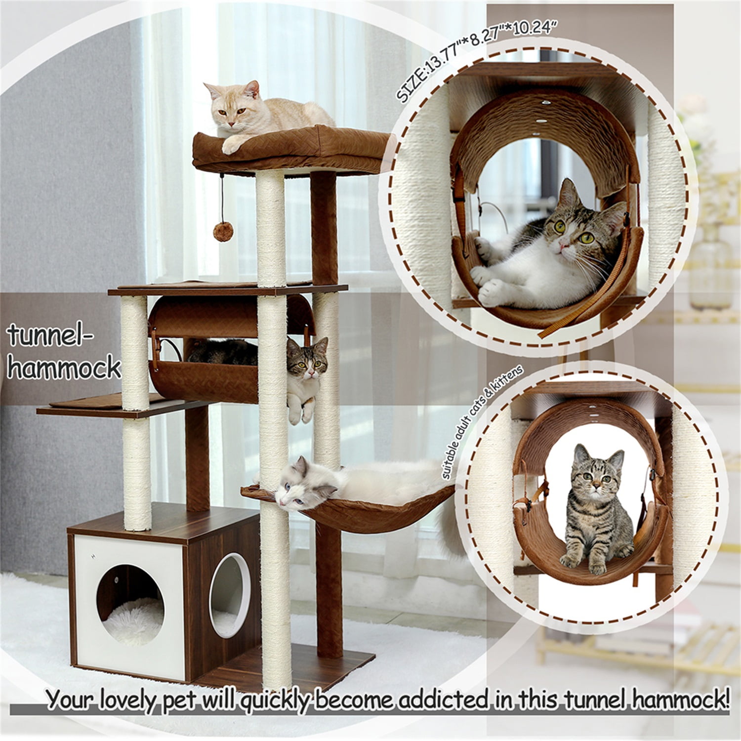 Pefilos 51.4 Inches Modern Cat Tree 6 Levels Wooden Cat Tower with Sisal Covered Scratching Posts, Cozy Condo, Spacious Perch, Hammock and Swing Tunnel for Indoor Cats, Brown Pefilos 51.4 Inches Modern Cat Tree 6 Levels Wooden Cat Tower with Sisal Covered Scratching Posts, Cozy Condo, Spacious Perch, Hammock and Swing Tunnel for Indoor Cats, Brown