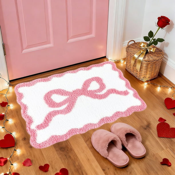 Alfombra de felpa con lazo rosa para San Valentín | Felpudo antideslizante de poliéster suave para dormitorio | Decoración romántica para niñas | Acogedor tapete para tocador, sala de estar, entrada