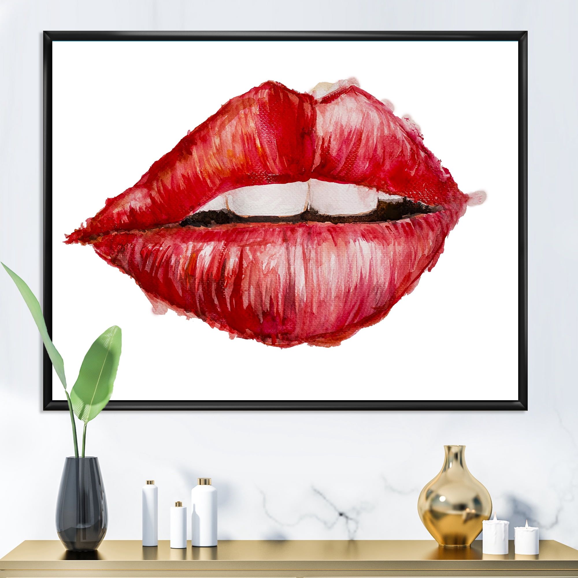 Designart 'Valentines Day Red Female Lips' Modern Framed Canvas Wall Art Print