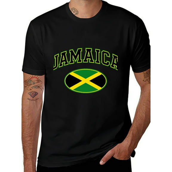 T-shirt Jamaica Flag Text Soft Cotton Adult Heat-Transfer Graphic T-Shirt - 180g Breathable Fabric, Unisex Summer Casual Wear with Durable Heat-Printed Design