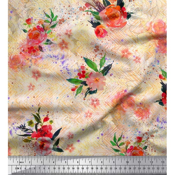 Soimoi Japan Crepe Satin Fabric Leaves & Rose Flower Print Fabric by Yard 42 Inch Wide