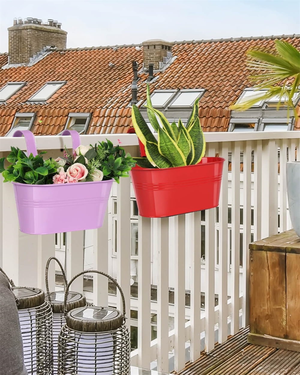 NOGIS 3Pcs Metal Iron Railing Planter, Hanging Flower Pots with Detachable Hooks & Drainage Hosles, Indoor Outdoor Hanging Plant Box for Fence Balcony Garden Home Deck Decor(Multicolor B)