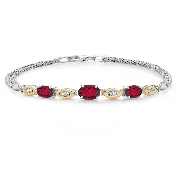 Gem Stone King 925 Silver and 10K Yellow Gold Ruby Red Mystic Topaz and White Lab Grown Diamond Bracelet for Women (1.86 Cttw, Gemstone November Birthstone, Oval, Wheat Chain, 7 inches)
