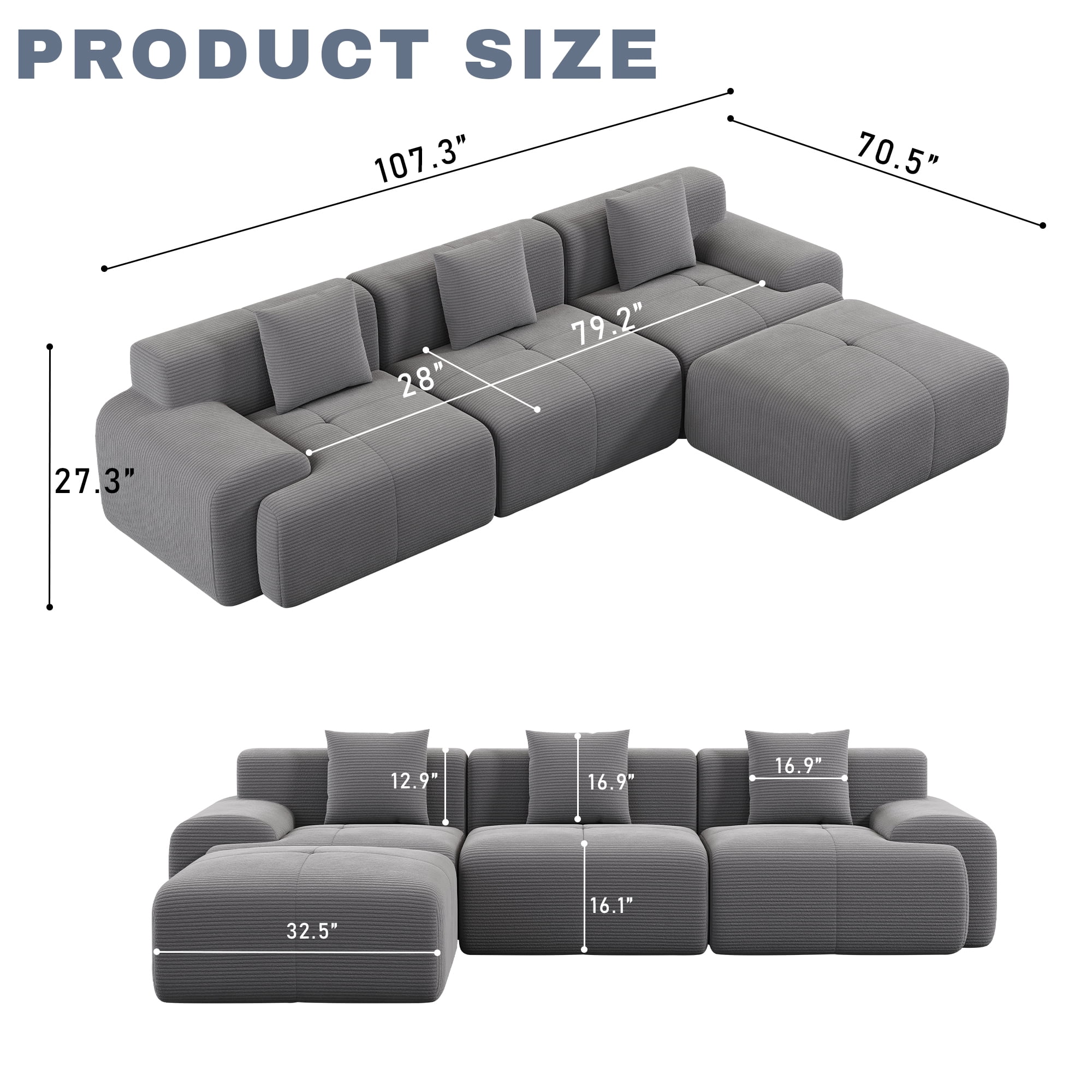 GAOHAPY 107"Modern L Shaped Modular Sectional Sofa, Oversized Corduroy Couch Deep Seat, Boneless Cloud Couch with Ottoman, 30D Sponge for Indoor Living Room, No Assembly Required(Dark Grey)