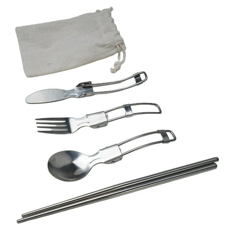 

Stainless Steel Foldable Camping Spoon Fork Chopsticks Flatware Utensil Set+Bag