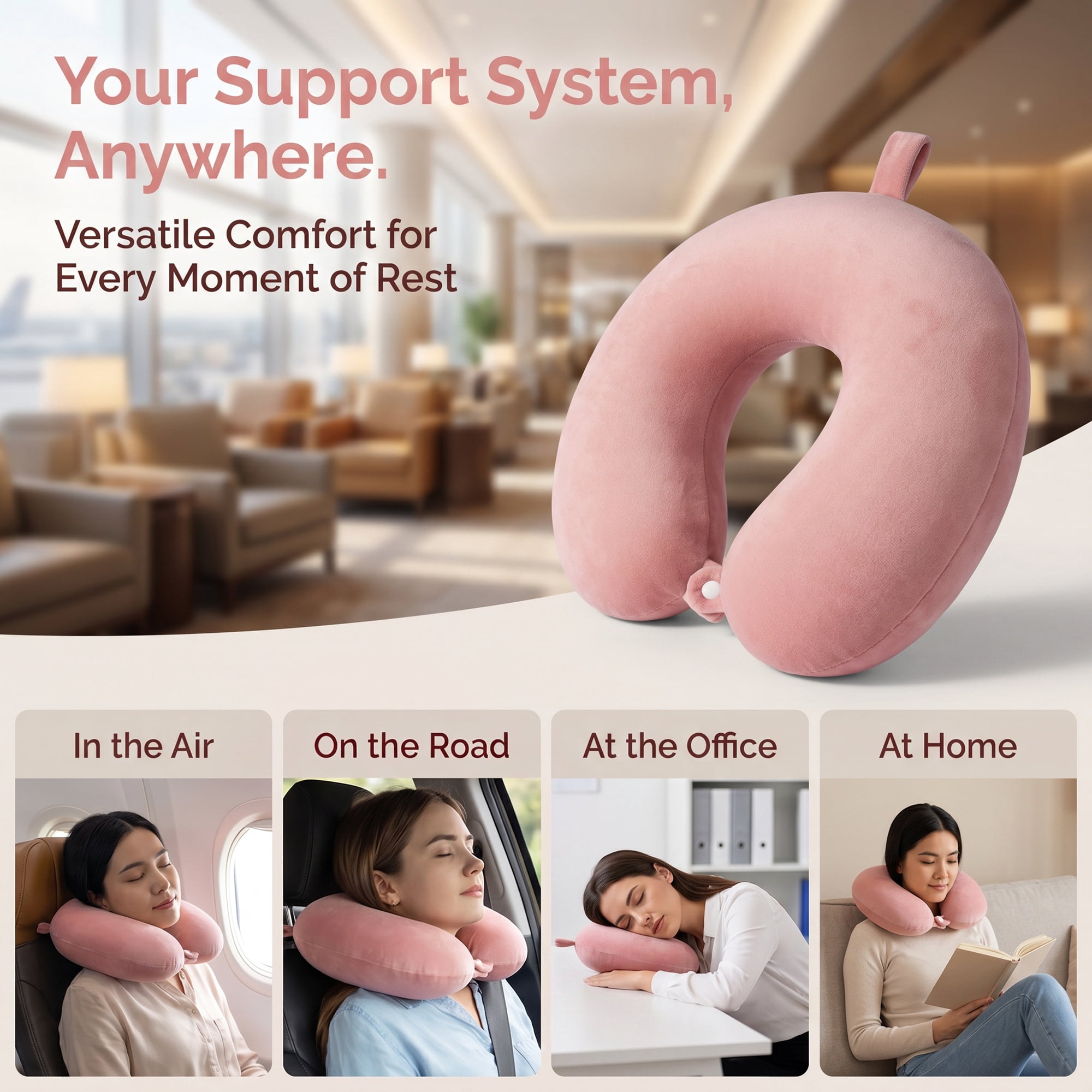 Unique Bargains Memory Foam Travel U Shape Neck Pillow Snap Closure Bean Pink 12"x12"x4"
