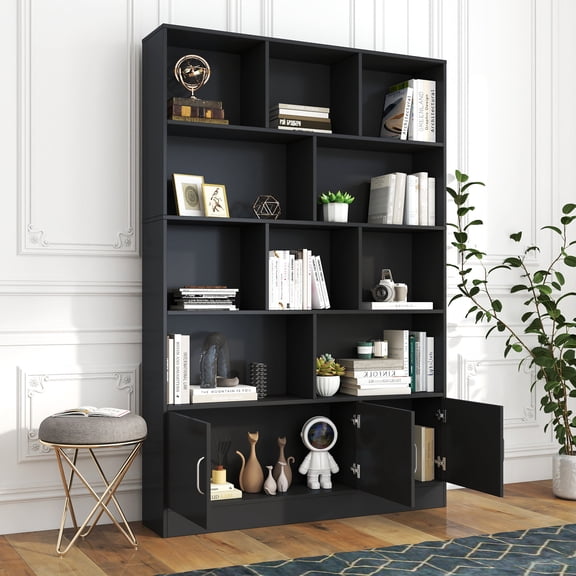 Modern 70.87 Tall Bookshelf with 10 Cubes and 3 Doors, 4-Tier Open Shelf Bookcase with Cabinet, Space Saving Cube Storage Organizer for Living Room and Office, Black