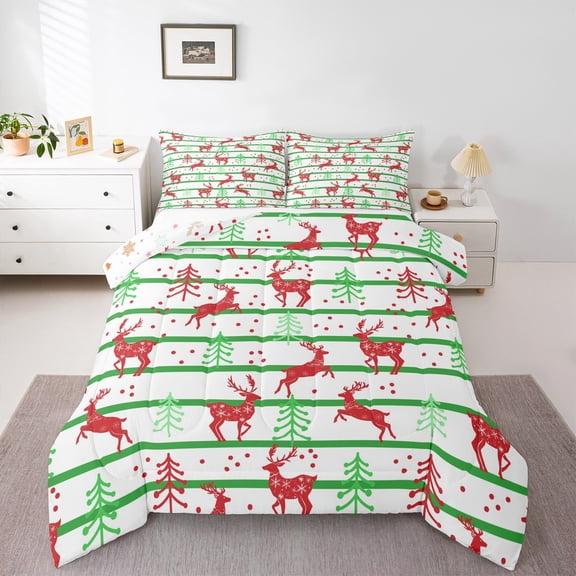 Feelyou Red Reindeer Print Queen Comforter Set for Kids, Green Christmas Tree Bedding Sets, Stripes Geometric Reversible Bedding Comforter Set, Super Cozy Room Decor, 3 Pieces