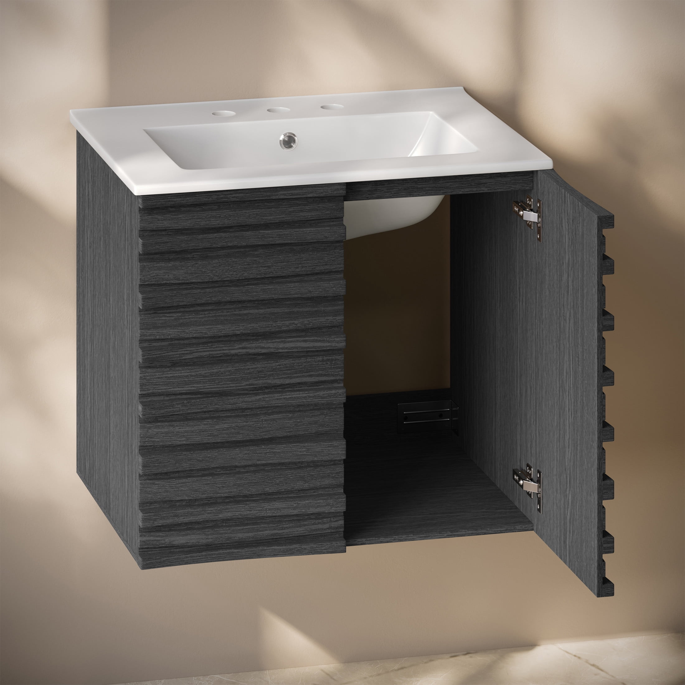 Cascade 24" Wall-Mounted Bathroom Vanity in Black Oak with 3-Hole Widespread Sink Top