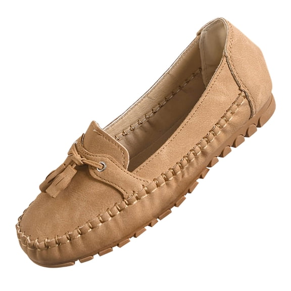 Womens Slip On Loafers Comfort Casual Flats, Lightweight Walking Shoes with Cushioned Insole - Synthetic Faux Leather Tassel Loafers for Women, Khaki,Size 37