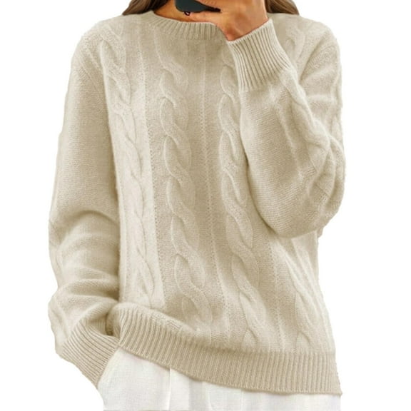 DuoJiaJ Women Crewneck Lpng Sleeve Knit Pullover Sweater Top Fall Plus Size Tops Beige L