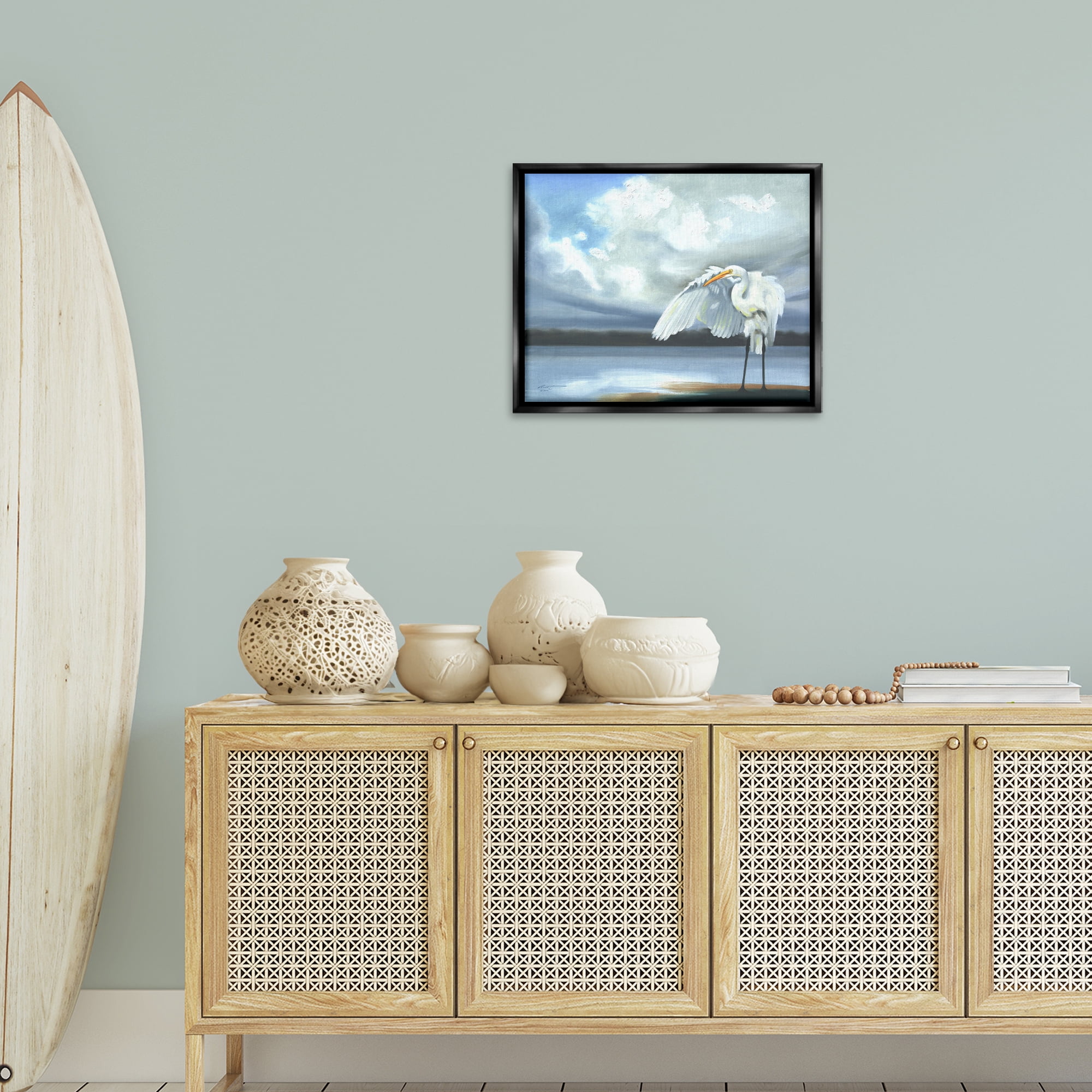 Stupell Industries Egret on Cloudy Beach Shore Animals & Insects Painting Black Floater Framed Canvas Art Print Wall Art, 21 x 17