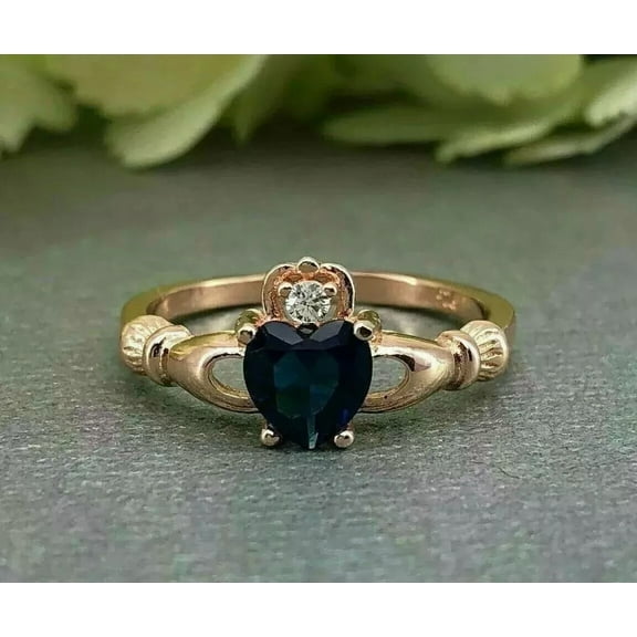 RKC Claddagh Propose Ring 14K Rose Gold Plated 1Ct Lab Created Heart Sapphire Ring