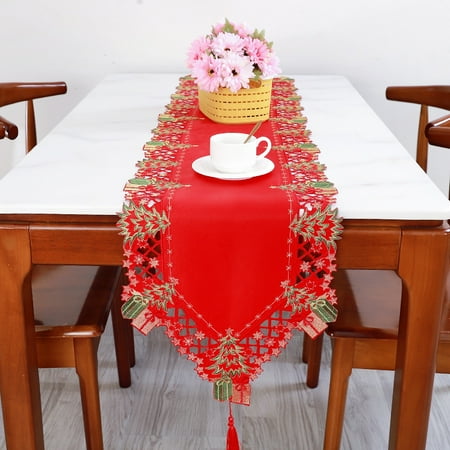 

Red Cutwork Christmas Embroidered Table Runner Tree Holiday Table Linens for Christmas Decorations