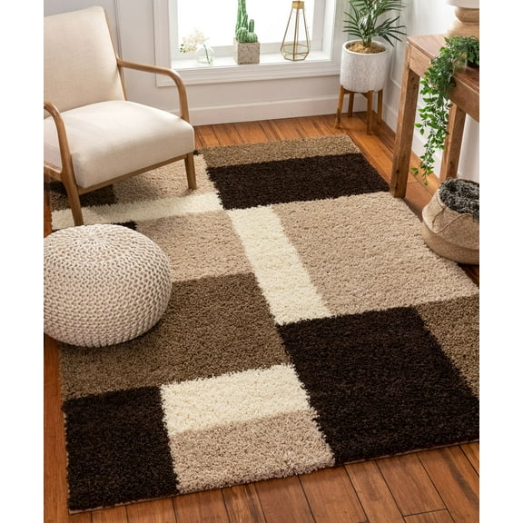 Well Woven Madison Shag Cubes Modern Geometric Beige Brown Thick Shag Plush 9'3" x 12'6" Area Rug