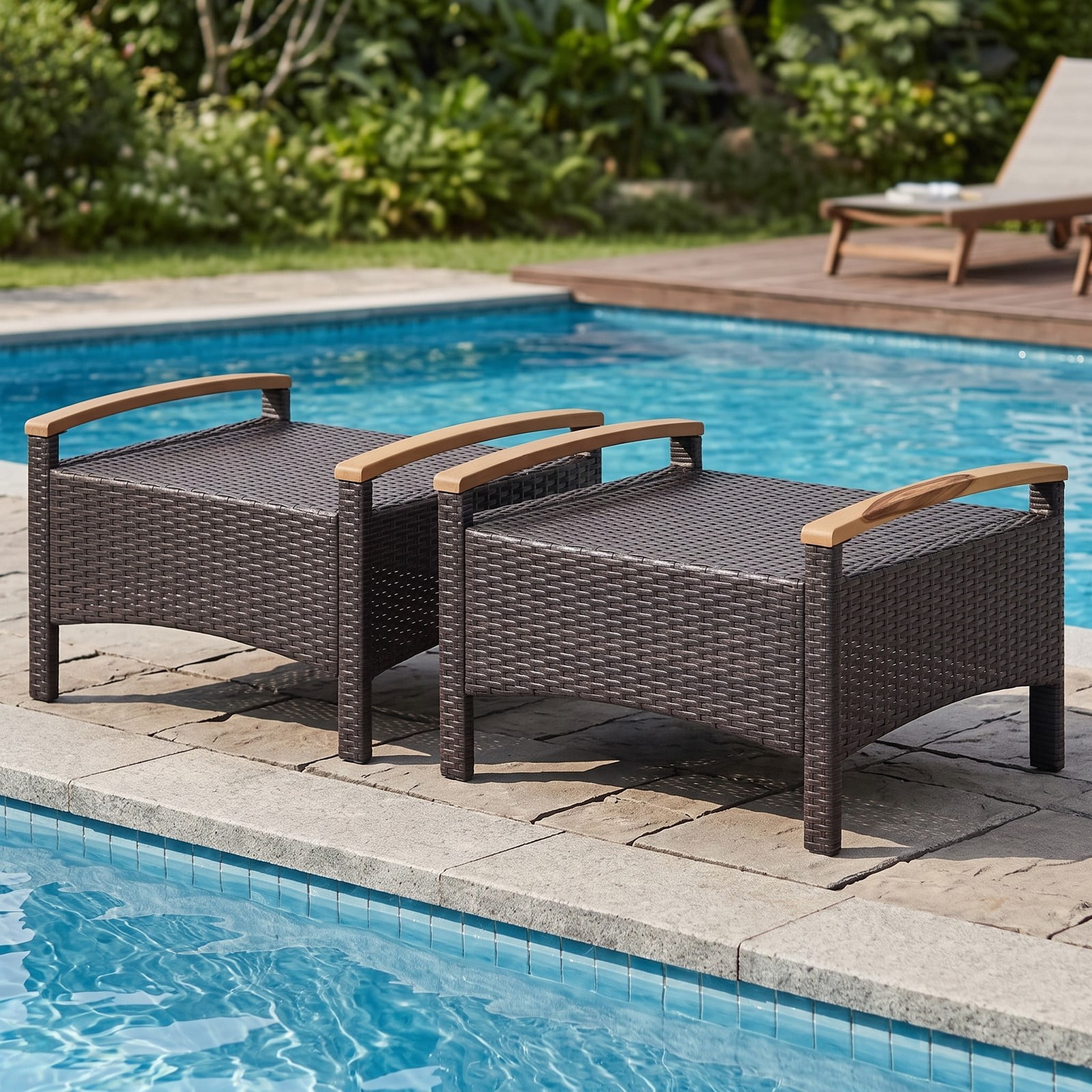 Furnibear Set of 2 Fade-Resistant PE Wicker Patio Ottomans with Cushions and Wood Handles for Outdoor Foot Rest and Extra Seating, Red