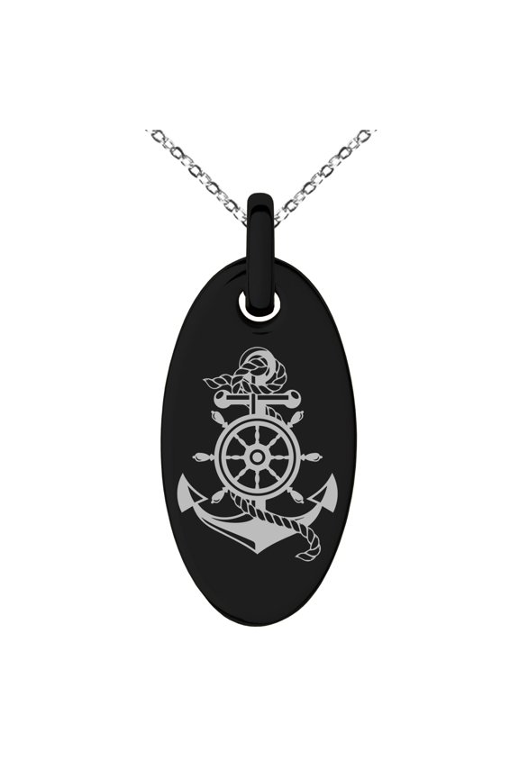 Stainless Steel Nautical Ship Helm & Anchor Engraved Small Oval Charm Pendant Necklace