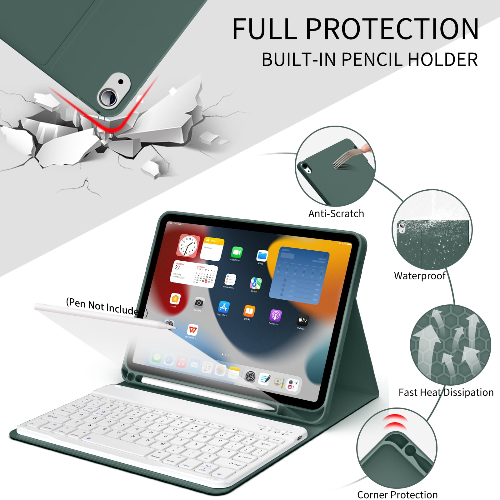 Aoub Keyboard Case for iPad (A16) 11th 10th Generation 2025 2022 with Pencil Holder, Detachable Wireless Bluetooth Rechargeable Keyboard Cover, Dark Green
