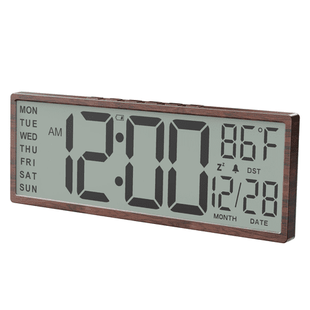 New Wood Grain 15 Digital Wall Clock Battery Operated Large Display with Date and Day of Week, Large Number with Temperature, Auto DST, Alarm, Snooze, 12/24H for Desk Office