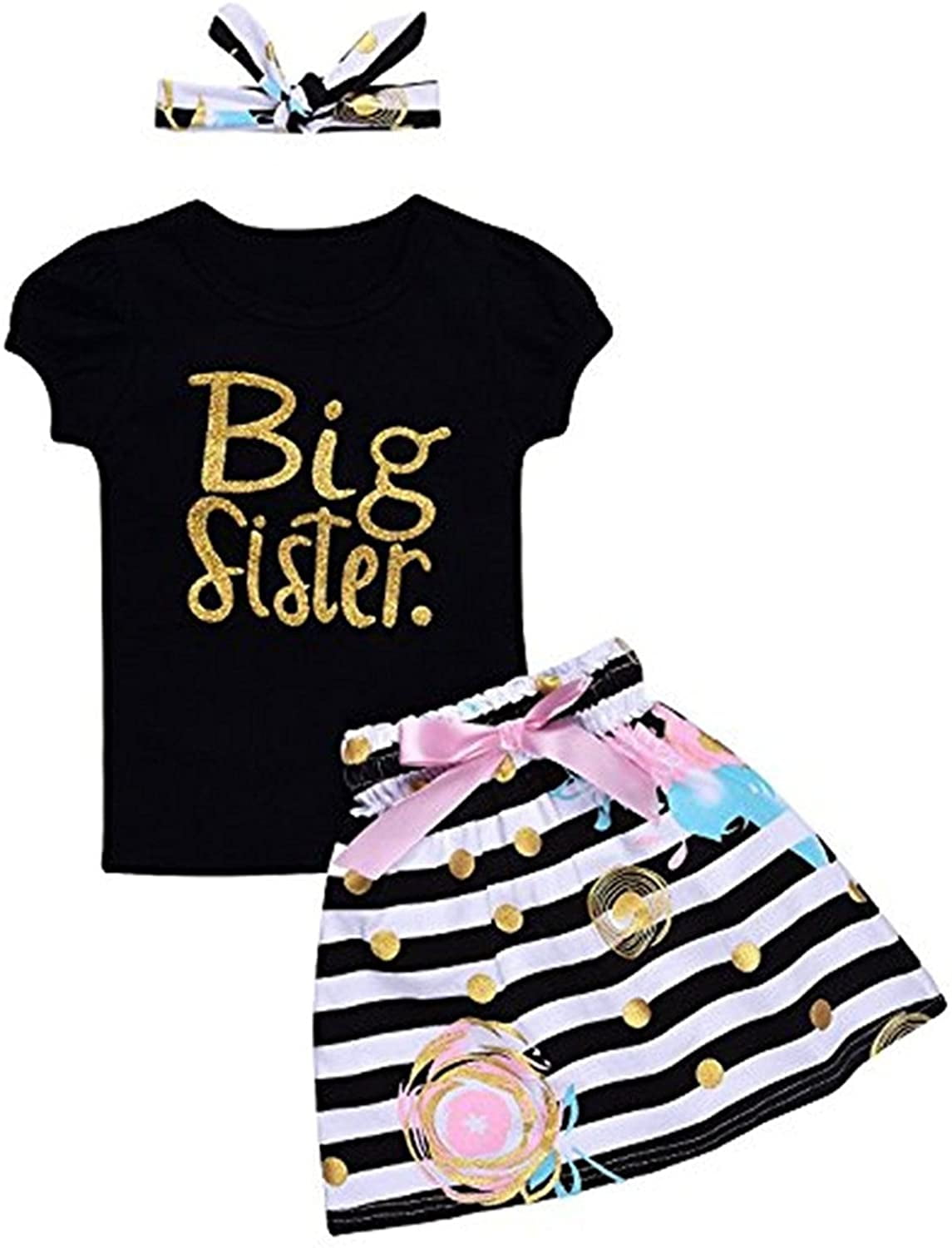 i-Auto Time Baby Girl Clothes Little Big Sister T-Shirt Romper Skirt Headband Outfit