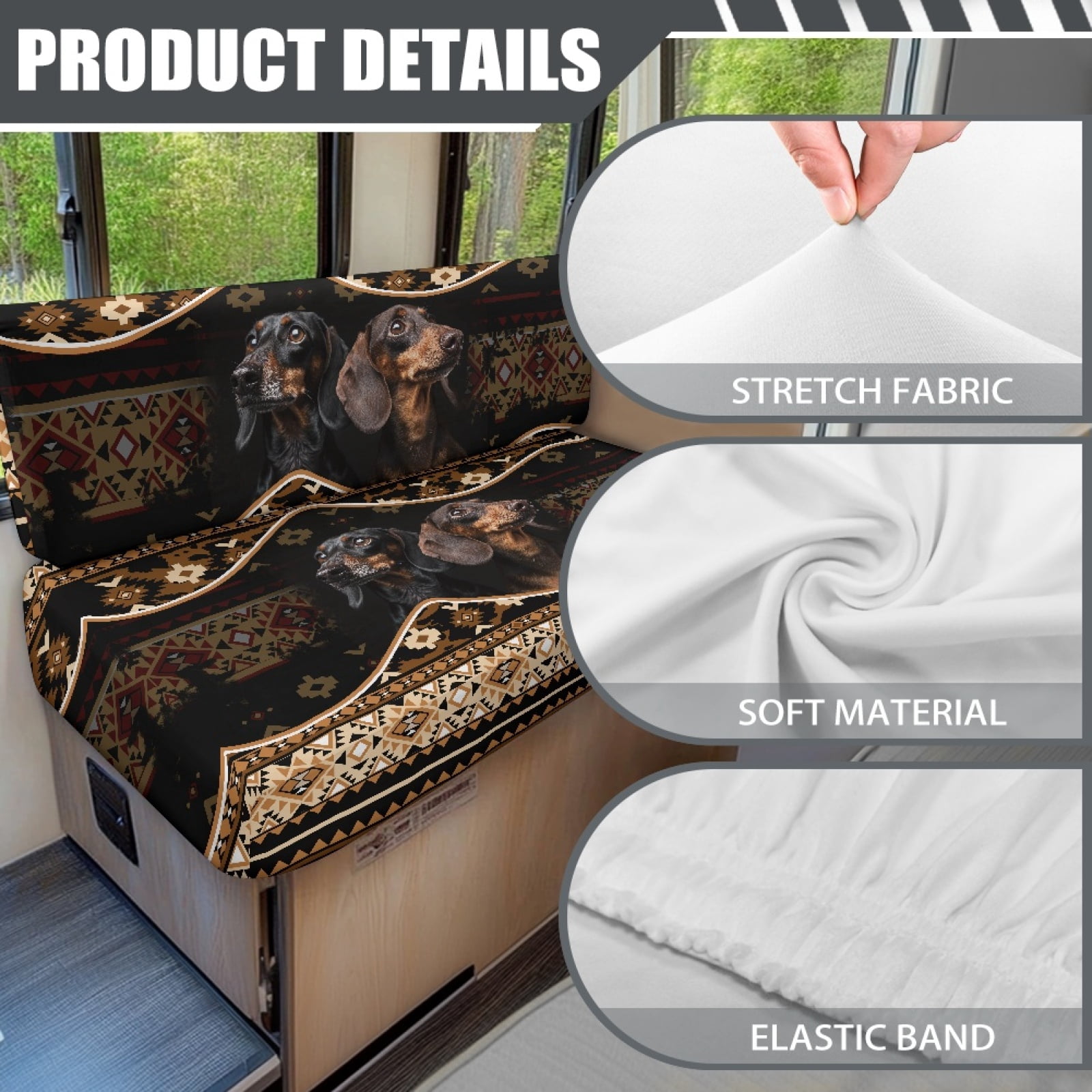 Kuiaobaty RV Dinette Cushions Covers Camper Cushion Slipcovers with 1 Backrest Cover & 1 Bench Cove for RV Sofa Slipcovers Accessories, American Tribal Dachshund Dog Pattern