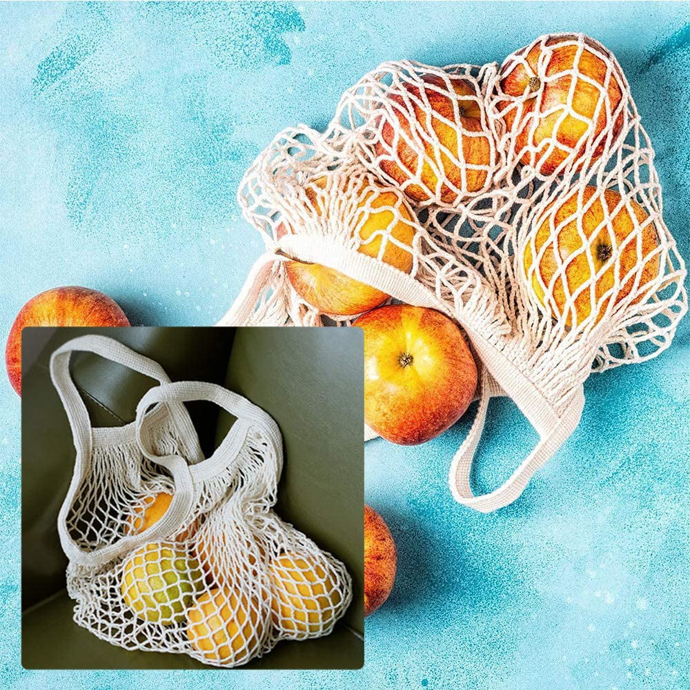 WHITEWRAP Cotton Mesh String Reusable Bag Long Handle Net Tote Bag| 5-Pack  | Natural | Reusable Grocery Bags, Vegetable Bag, Shopping bag, Hand bag