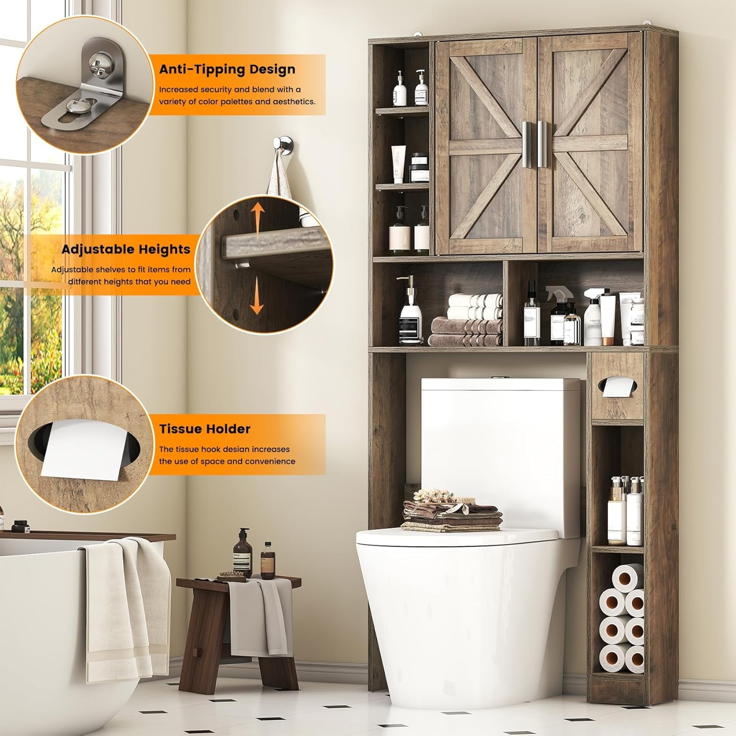Timagebreze Farmhouse Over-Toilet Cabinet with 2 Barn Doors, 10 Adjustable Shelves & Tissue Holder,Bathroom Storage,Grey