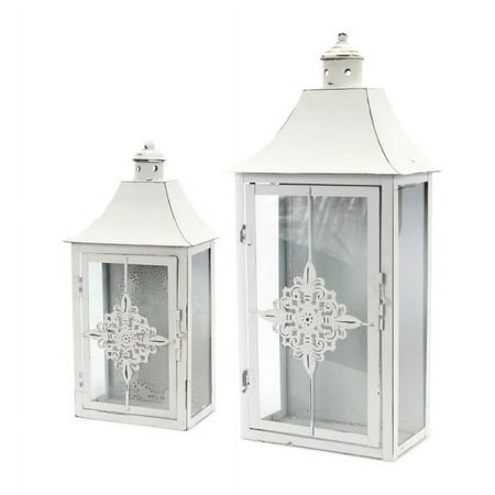 Melrose Set of 2 Vintage White Distressed Pillar Candle Lanterns 19.5"