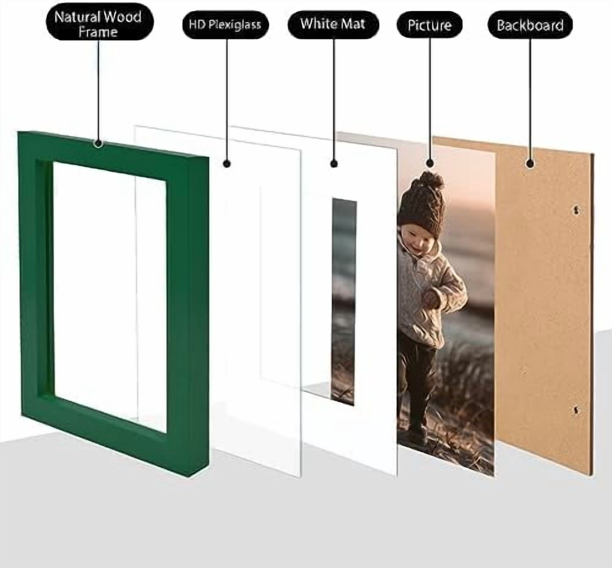 6x8 Picture Frame, Green Solid Wood Frame with Acrylic Plexiglass for Pictures 4x6 with Mat or 6x8 without Mat, Tabletop and Wall Mounting Display Photo Frame 1 Pack