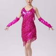 thumbnail image 6 of Lovskoo 2024 Women's Sequins Tassel Latin Dance Dress Sparkly Spaghetti Strap Backless Sleeveless V-Neck Dress Hot Pink, 6 of 8