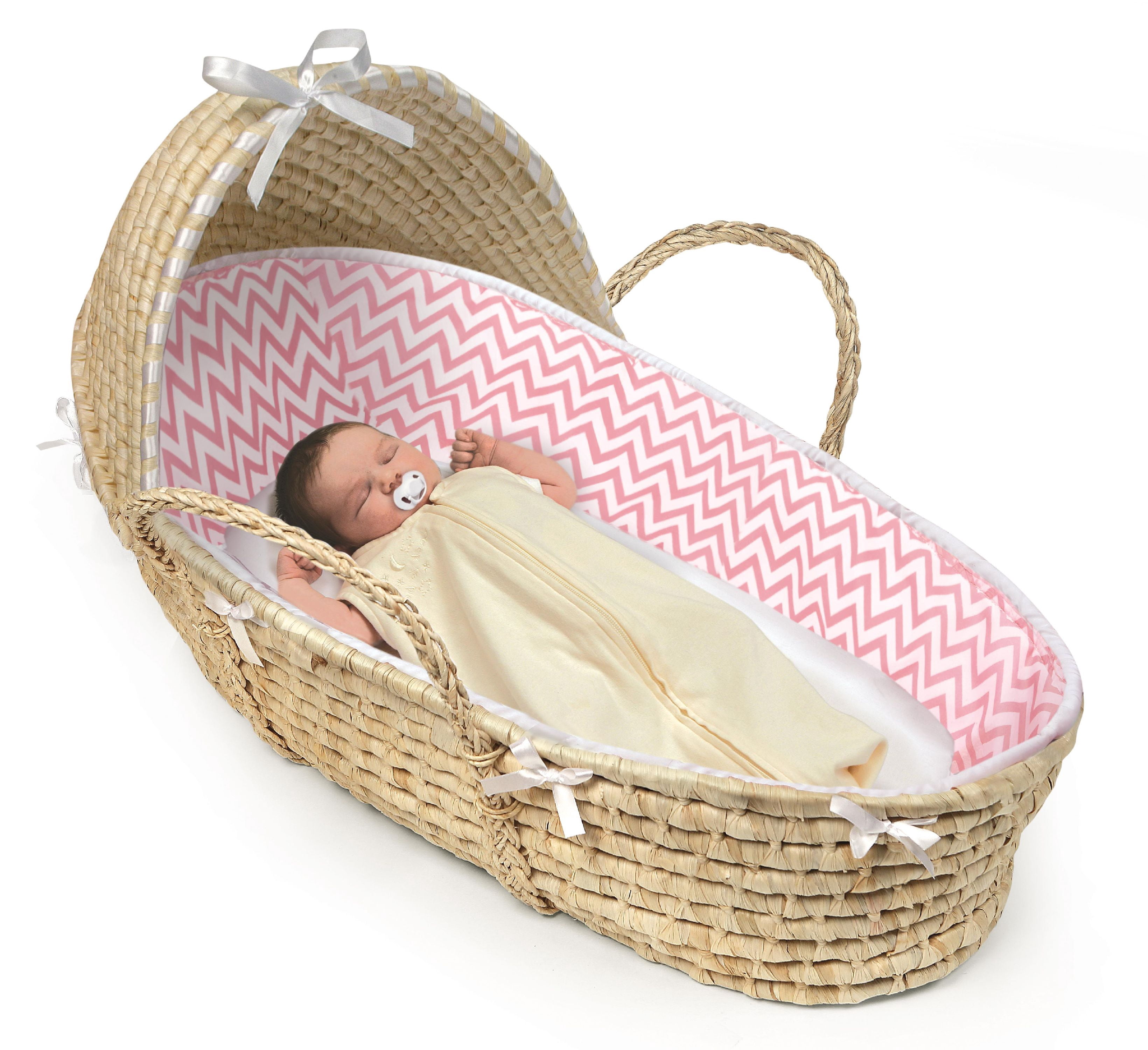 Badger Basket Natural Hooded Moses Basket - Pink Chevron Bedding