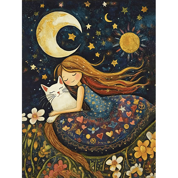 Girl and Cat Moonlit Night Canvas Art Print， Suitable for Bedroom Decor， Living Room Decor， Nursery Decor， Office Decor and Gallery Wall Decor.
