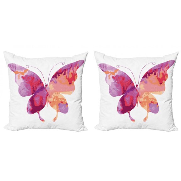 Ambesonne Pink Throw Pillow Cover 2 Pack, Butterfly with Wings, 16", Fuchsia Salmon and Pink