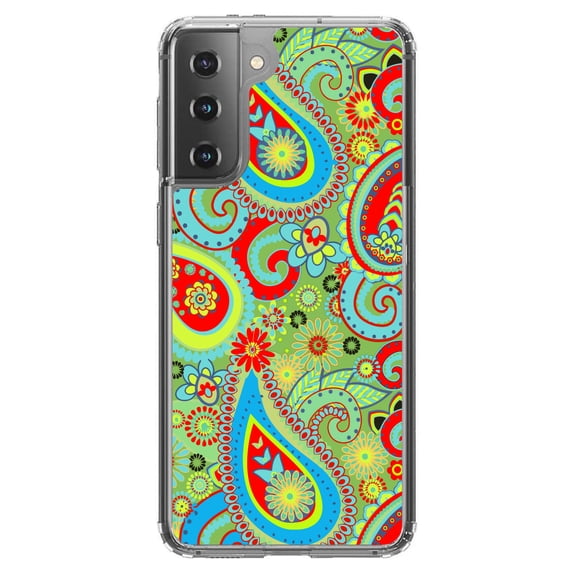 DistinctInk Clear Shockproof Hybrid Case for Galaxy S21 5G (6.2" Screen) - TPU Bumper, Acrylic Back, Tempered Glass Screen Protector - Green Red Blue Paisley