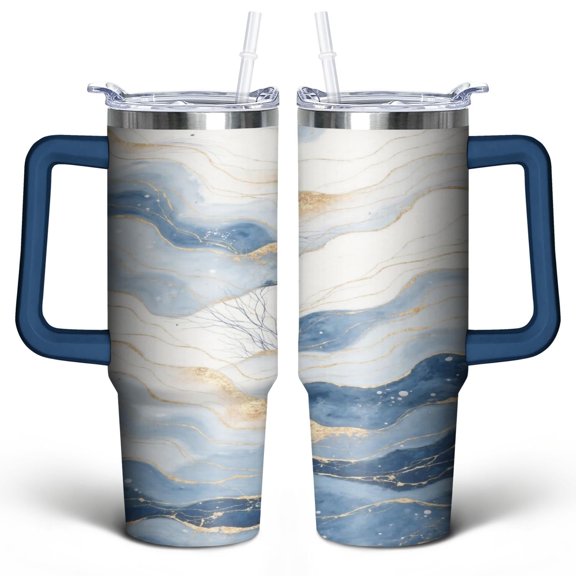 Marble Modern Geometric Flowers 30 Oz Tumbler with Handle Lid and Straw, Stainless Steel Double Walled Vacuum Insulated Cup, Cute Birthday Gifts Tumbler for Women Men Friends