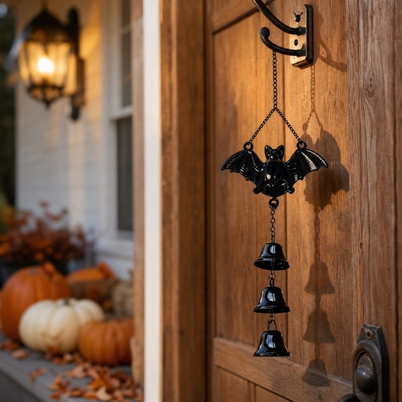 HHJZPR Black Metal Bat Wind Chime Hanging Ornament, 12.6in Gothic 3 Bells Bat Door Hanger, Spooky Halloween Front Door Window Wall Decor